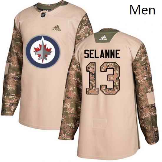 Mens Adidas Winnipeg Jets 13 Teemu Selanne Authentic Camo Veterans Day Practice NHL Jersey